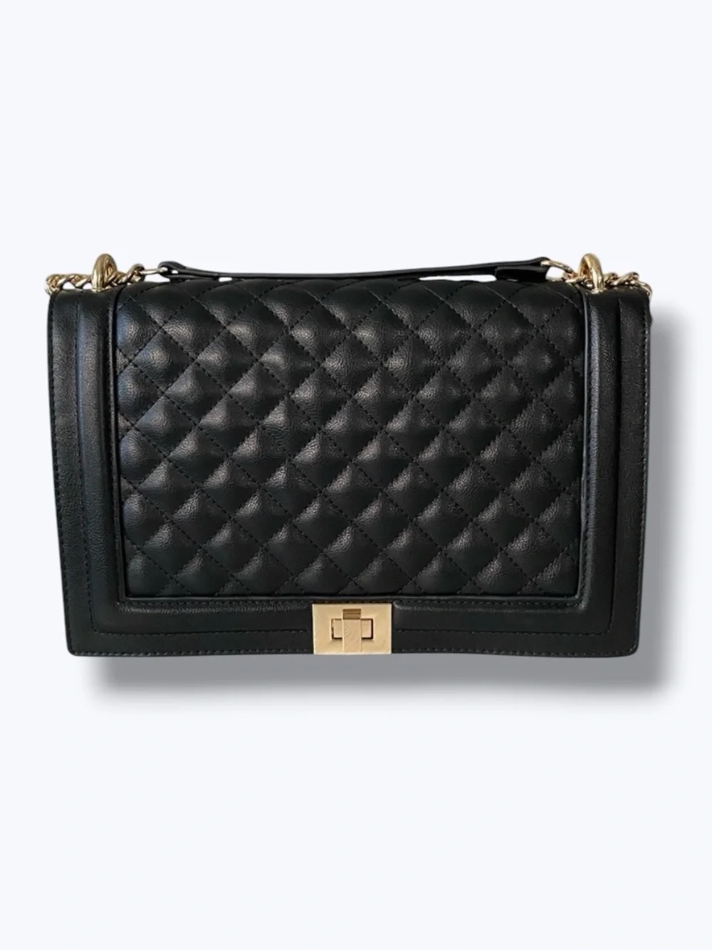 INC Black Leather Quilted Flap Crossbody Shoulder Bag Gold Turn-Lock Chain